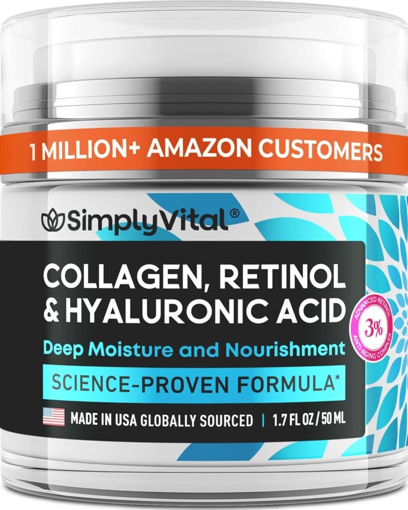 SimplyVital Collagen, Retinol & Hyaluronic Acid Cream – Anti-Aging Face Moisturizer for Face, Firming Skin Care Neck & Décolleté – Made in USA, Daily Moisturizer Face Cream Day & Night – 1.7 fl.oz.